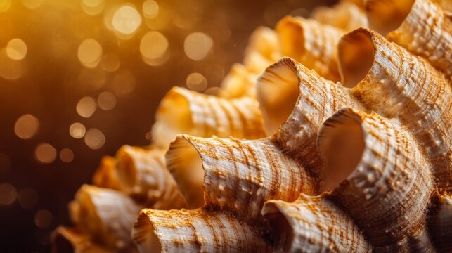 Close-up of a seashell with a warm, golden light, showcasing its intricate texture and details.