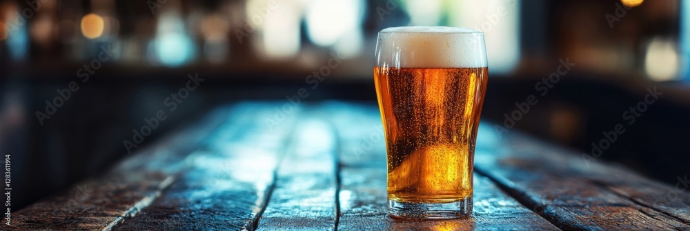 Poster refreshing glass of beer sits on a rustic wooden table in a cozy bar during evening hours. generativ