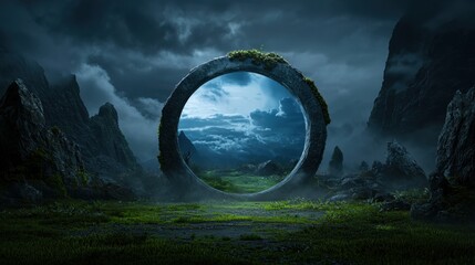 Enchanted Stone Portal Under Dark Clouds with Lush Greenery and Mystic Landscape during Twilight