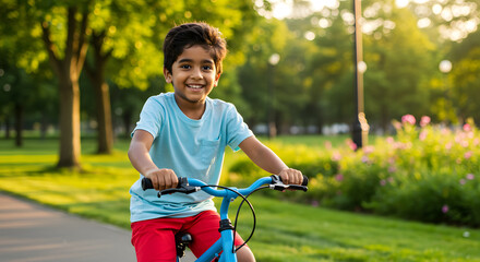 Obraz premium A young boy riding a blue bicycle in a park during sunset. He is smiling and wearing a light blue t-shirt and red shorts, surrounded by greenery and flowers.