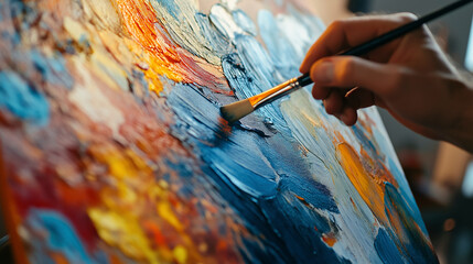 A detailed close-up of an artist painting a vibrant canvas in a bright studio setting.
