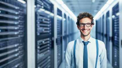 Portrait of a confident, smiling IT engineer standing proudly in the corridor of a modern server farm, surrounded by advanced technology
