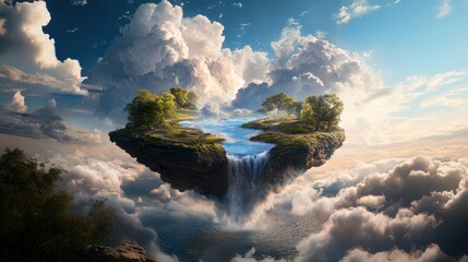 Floating island with an upward river, encircled by swirling clouds, a surreal landscape defying gravity and nature's laws