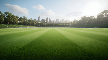 Lush Green Sports Field with City Skyline in Background
