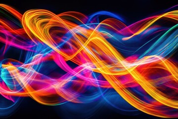 flowing abstract waves of neon light creating geometric patterns against dark background cyberpunk aesthetic dynamic motion trails