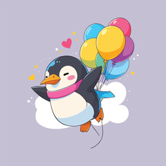 Joyful Cartoon Penguin with Balloons: Cute Illustration for Kids