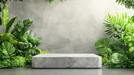 Lush Green Background with Tropical Leaves and Stone Pedestal in a Natural Indoor Setting for Showcase or Display Concept