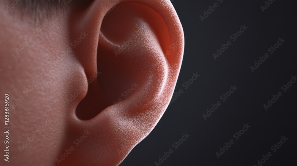 Poster Highly detailed 3d rendering of a human ear, showcasing its intricate structure and emphasizing its role in capturing sound waves, ideal for medical or educational purposes