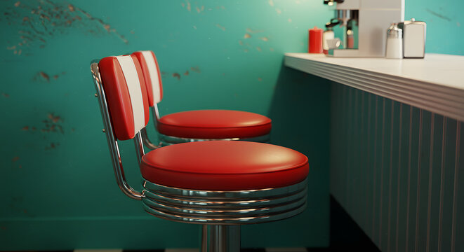 Retro diner scene with red bar stools and a coffee machine against a teal wall.