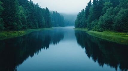 Misty Morning Lake Reflection: Tranquil Teal Waters and Lush Green Forest