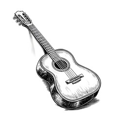 Hand-drawn Illustration of an Acoustic Guitar with Detailed Strings and Body in Black and White Style