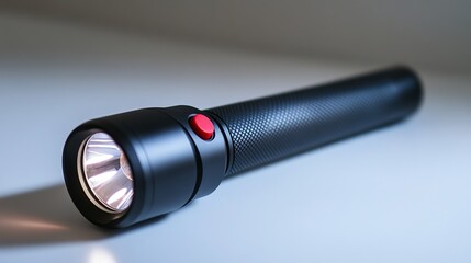 A black flashlight featuring a red button, resting on a smooth white surface