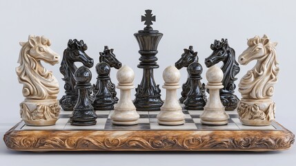Elegant chess set pieces arranged on a wooden board, showcasing strategy and competition.