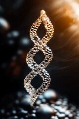 Close-up of a DNA double helix model, shimmering with light against a dark background.