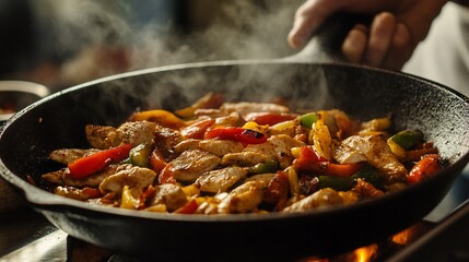 Close-up of sizzling chicken and bell peppers stir-fry in a cast iron skillet.