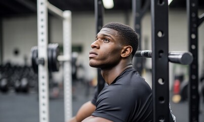 Focused athlete in gym, contemplating exercise, workout