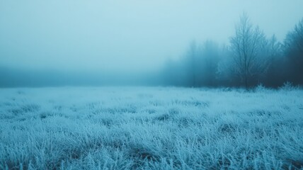 Fototapeta premium Misty Winter Field with Frost-Covered Ground and Trees