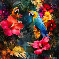 Fototapeta premium Vibrant Tropical Parrots Amidst Hibiscus and Lush Foliage