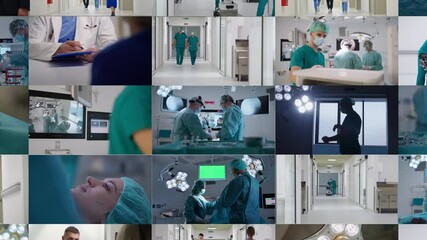 Multi screen zoom-out collage of medical environment, featuring surgeons performing endoscopic surgery, advanced hospital equipment, healthcare professionals in action. Modern medicine, healthcare - Powered by Adobe