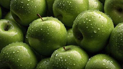 Green Apples, Fresh green apples close-up on white background, Close-up image of juicy green apples with water drops on it 