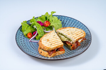 Delicious grilled sandwich with fresh vegetables on blue plate, showcasing vibrant salad with lettuce, tomatoes, and onions. Perfect for healthy meal