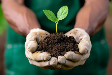Gardener in gloves nurturing a young seedling in rich soil under bright sunlight
