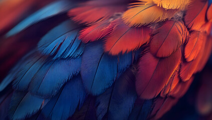 Obraz premium Close-up of colorful parrot feathers, featuring vibrant red, blue, and yellow colors in a photo-realistic 