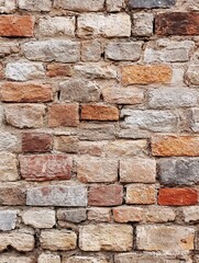Obraz premium Weathered Wall Texture: A close-up shot of an aged brick wall, showcasing a rustic texture with varying colors and weathered surfaces.