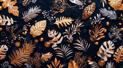 Elegant gold and silver leaves arranged on a dark background. Luxurious and sophisticated.