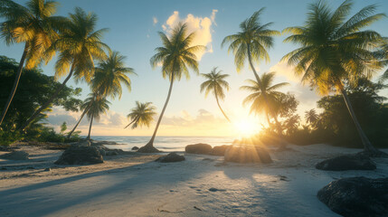 Fototapeta premium Scenic tropical beach at sunset with golden sand, palm trees, and ocean waves reflecting warm sunlight in a peaceful coastal paradise