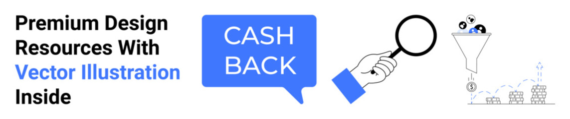 Magnifying glass over cashback icon, funnel capturing coins, and financial bar graphs. Ideal for e-commerce, finance, saving, earning strategies, marketing, promotions business flat landing page