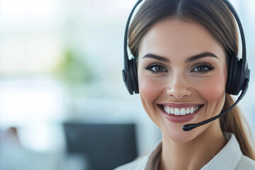 A friendly customer service representative wearing a headset, smiling while assisting a client with copy space. Soft professional lighting. 