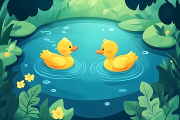 Obraz premium Colorful mandarin ducks swimming on the lake in spring