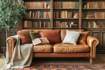 A cozy reading nook with a vintage leather sofa, warm throw blankets, and a tall bookshelf with copy space. Soft warm lighting. 