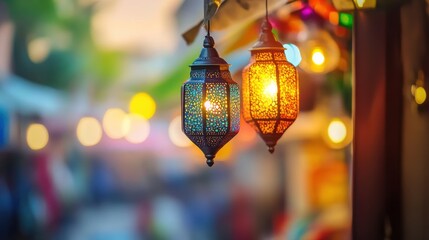 Colorful Lanterns Hanging in a Vibrant Market at Dusk