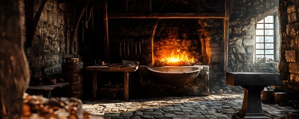A traditional iron forge inside a stone workshop, with glowing embers and a rustic anvil in the foreground