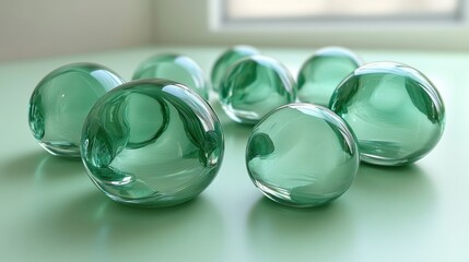 Elegant Glass Spheres on a Light Green Surface with Reflections