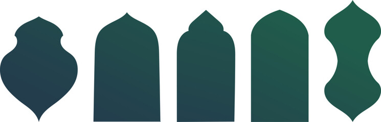 Islam arches mosque windows shape collection of frames in green blue gradient color. Traditional Arabian flat design elements and décor. Muslim architecture geometric design vector illustration