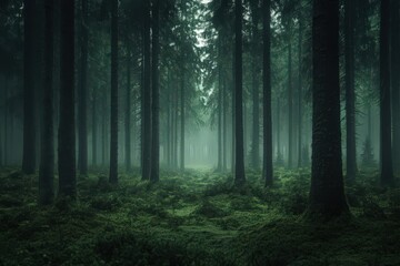 Fototapeta premium Mysterious Forest Path: Glowing Particles and Fog