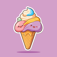 Adorable Cartoon Ice Cream Cone: Colorful and Fun Dessert Sticker