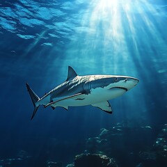 Obraz premium Majestic Tiger Shark Gliding Through Sunlit Underwater Ocean