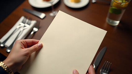 hand holdin a blank Menu paper, luxury restaurant table with a plate and silver cutlery background, blank mock up menu sheet