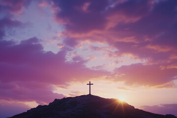 Cross Silhouette on Mountain Peak Against Purple Sunset Sky, Religious Symbol at Sunrise, Good Friday Sacred Landscape