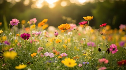 Naklejka premium wildflower meadow Vibrant wildflowers bloom under a warm sunset, creating a colorful and serene landscape.