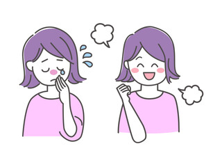 悩む女性と笑顔の女性のイラスト素材