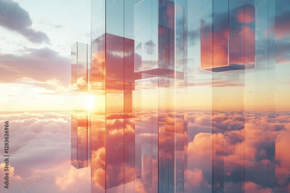 Wall mural futuristic glass skyscraper reflecting sunset clouds with parametric facade design and floating geom