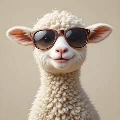 Cute lamb wearing trendy sunglasses. Adorable animal portrait. Pastel background. Modern animal concept art. Funny expression. Perfect for kids products. Ideal for commercials. Creative animal 