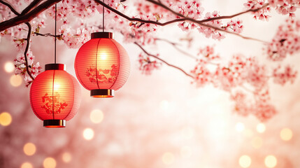  Traditional Japanese lanterns (rizen-ro) against a sakura backdrop on a white background