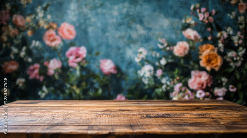 Aufkleber an inviting wooden table awaits on a soft surface, while an enchanting array of blurred flowers crea