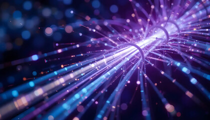 On a vivid purple backdrop, glowing fibre optic wires convey data at the speed of light, signifying communication and technology.